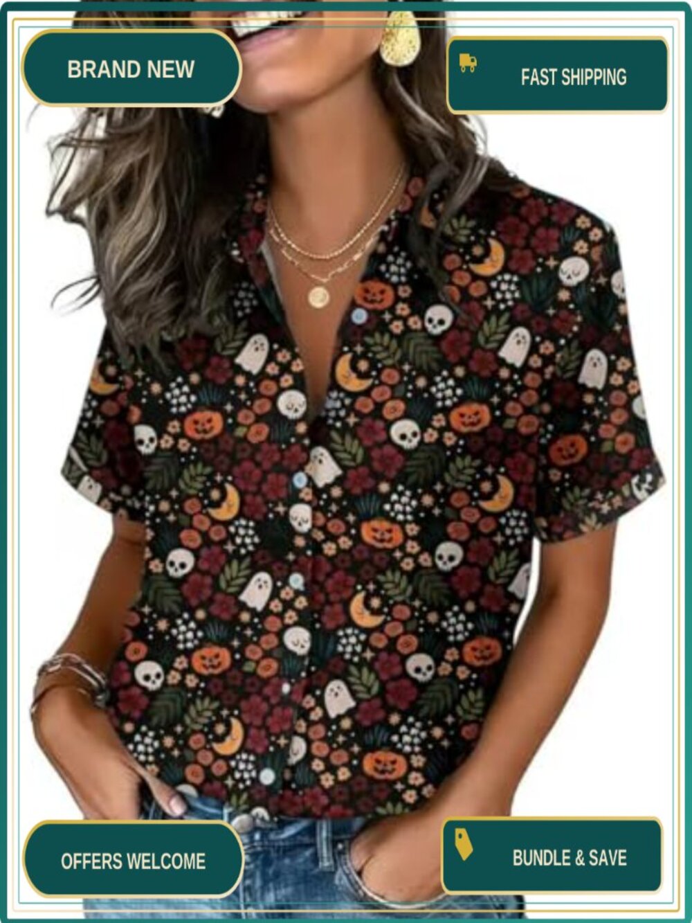Halloween Button Down Shirt Short Sleeve Lapel Collar Loose Fit Fall Party Top